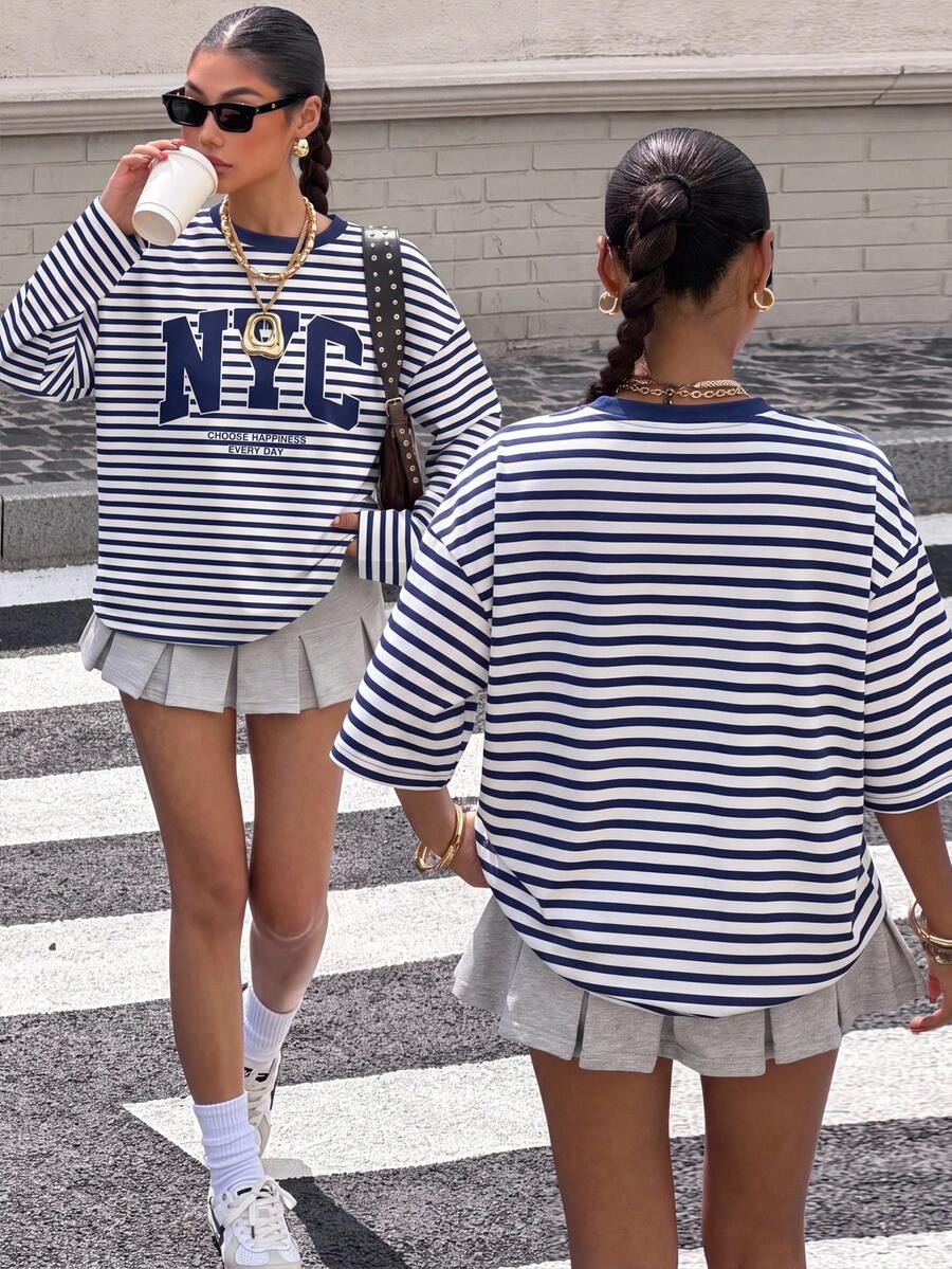 Muchica 休閒極簡風 NYC 條紋印花圓領長袖寬鬆上衣,適合秋季,適合日常通勤、聚會、秋冬春夏、聖誕節、新年、感恩節、派對、婚禮、海灘、畢業典禮、優雅、外出、約會、通勤、情人節、優雅、度假、Y2K、畢業典禮等場合 - 彩色 - 查看 1