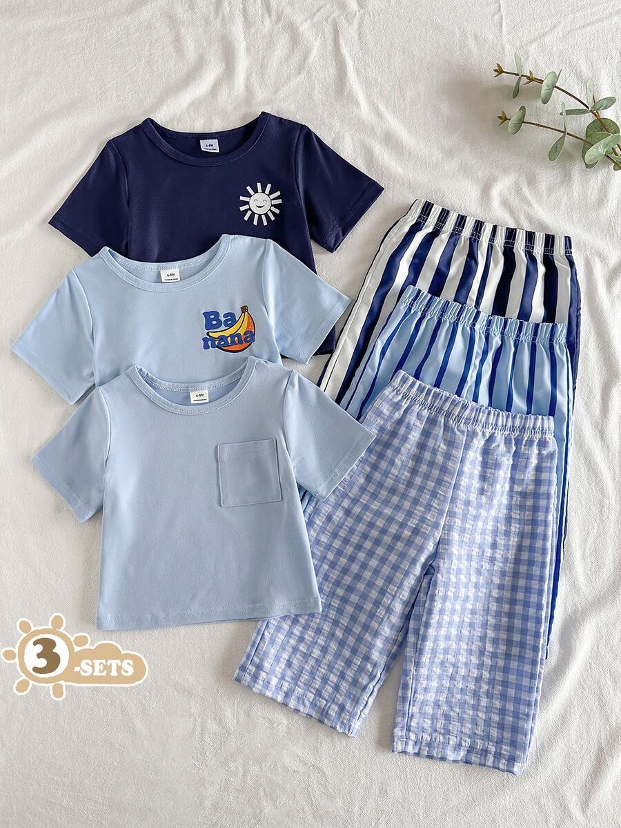 SHEIN Vintaside Kids 6件/3套男嬰簡單純色印花圓領短袖T恤與格紋條紋短褲多件套裝,適合日常穿著、外出、度假,春夏季適用 - 彩色 - 查看 1