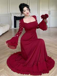 Modelyn Women's Elegant Long Sleeve Square Neck Dress, Rhinestone Embellished Waist-Flattering Slimming Hemline With Ruched Multi-Layer Ruffle Hem, Elegant Long Dress - Burgundy - View 4