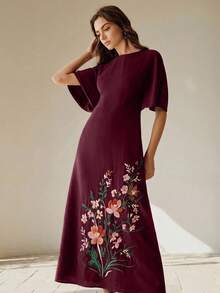Anewsta 夏季女款圓領短袖重工刺繡洋紅色長版優雅洋裝，女士優雅洋裝，洋紅色洋裝 - Red Plum - 查看 2