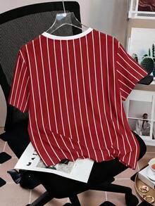 Betty Boop x SHEIN SHEIN EZwear 休閒圓領短袖寬鬆女款T恤 紅白條紋印花街頭風 日常外出夏季穿搭 - 彩色 - 查看 2