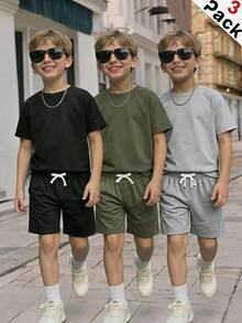 SHEIN 3pcs/Set Kids Tween Boy Casual Soft Comfortable Drawstring Shorts Set,Grey,Summer,Casual,Hiking,Summer Outings,Travel,Vacation,Sports,Back To School - Multicolor - View 2