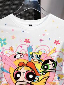 THE POWERPUFF GIRLS X SHEIN 女款夏季休閒卡通印花T恤 - 白色 - 查看 3