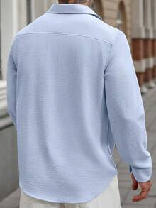 Manfinity CasualCool 休闲亚麻长袖衬衫，简约时尚，适合夏季和秋季 - 淺藍色 - 查看 2