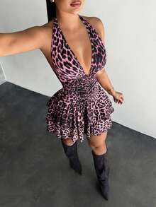 SHEIN SXY 女士性感时尚街头度假风豹纹露背吊带层叠荷叶边连衣裙，夏季 - 紫色 - 查看 4