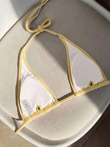 Elavelle Women's Spring/Summer Solid Color Halter Bikini Top - Yellow - View 3