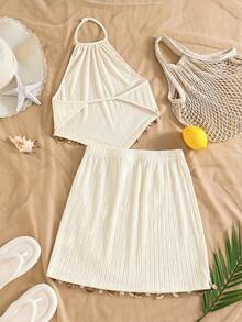 SHEIN Girls' Bohemian Two Pieces Vacation Set In Soft Off-White, Crafted From Crinkled Textured Fabric. Consisting Of A Halter Camisole And A Bodycon Short Skirt, It Is Decorated With Delicate Shell Pendants On The Hems. Full Of Tropical Island Charm, This Outfit Creates A Strong Holiday Vibe, Ideal For Seaside Trips And Vacation Wear - Apricot - View 2