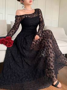 DAZY Herbst Quadratischer Ausschnitt Laternenärmel Langarm Spitze Transparenter Stoff Tailliert A-Linien Rock Schwarz Elegantes Damen Midikleid - Schwarz - Übersicht 6