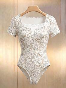 Selianne Women's Spring/Summer Casual Lace Trim 2 In 1 Design Short Sleeve Waist-Cinching Fitted Bodysuit, Suitable For Daily Wear, Photos, Travel And Commuting - Beige - View 6