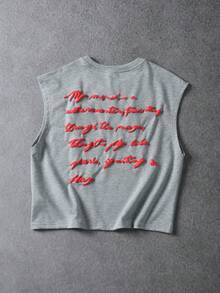 PAVTROS Camiseta sin mangas casual versátil con estampado de eslogan y cuello redondo para hombre - Gris - Ver 3