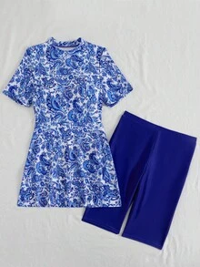 Swim Mulvari 夏季新款 2 件式漸層印花圓領半袖前拉鍊泳衣與半長褲布基尼泳裝套裝 - 藍白色 - 查看 4