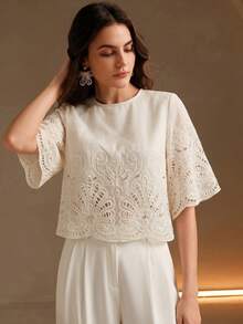 Anewsta Women's New Elegant Vacation Style Wedding Banquet Sheer Heavy Embroidery Hollow Out Round Neck Short Sleeve Cover Up - White - View 4