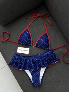 Swim Mod 女款夏季海灘極簡優雅浪漫休閒度假性感甜美可愛時尚泳衣套裝，日藍白星星印花配紅色滾邊，掛脖比基尼三角上衣，下身 2 合 1 荷葉邊迷你裙附金屬星星吊飾，適合海灘度假村、蜜月旅行與音樂節 - 彩色 - 查看 2