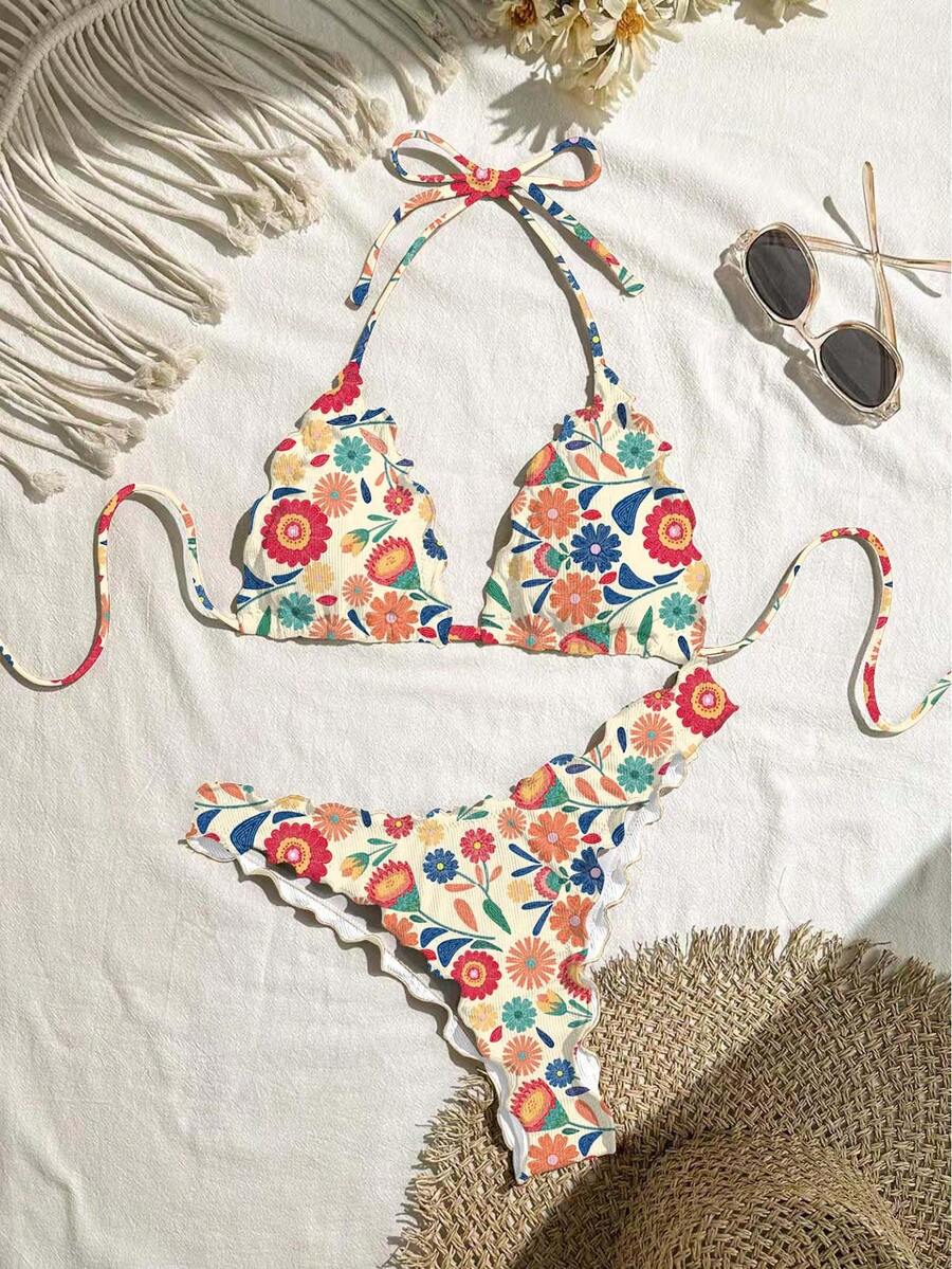 Swim Mod Conjunto de bikini sexy de unicolor con volantes de alta elasticidad para mujer para vacaciones - Multicolor - Ver 1