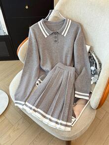 GlowEve Women's Contrast Trim Sweater Pleated Skirt 2 Pieces Set School Grey Autumn Casual Preppy - Light Grey - View 1