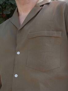 LEOGASHI LEOGASHI Men's Stand Collar Short Sleeve Button Front Pocket Casual Shirt - Army Green - View 6