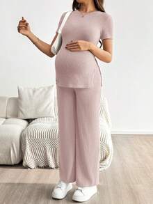 SHEIN 孕婦純色短袖上衣與可調腰長褲休閒日常兩件套 - 藕粉色 - 查看 7