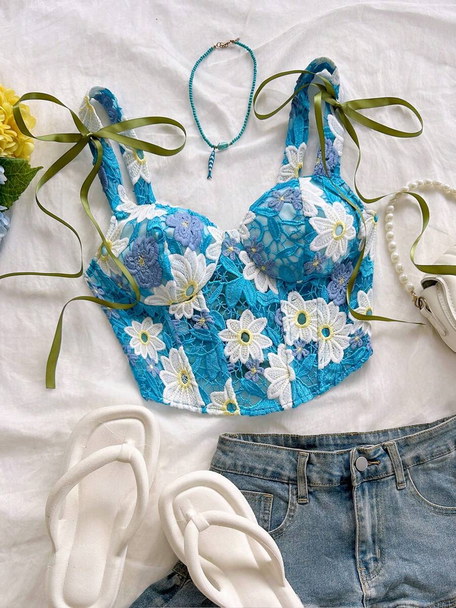 Soleia 女款花卉刺繡圖案休閒百搭日常穿著上衣 - 藍色 - 查看 1