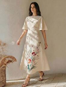 Anewsta 夏季女款圓領短袖重工刺繡杏色長版優雅洋裝，女款優雅洋裝，杏色洋裝 - 杏色 - 查看 6