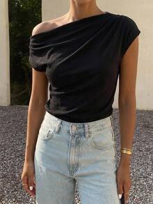 DAZY Women Solid Color Fashionable Loose Oblique Shoulder Pleated T-Shirt,Off Shoulder Top Going Out Tops - Black - View 10
