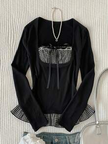 Attitoon Casual Minimalist Daily Versatile Vintage Party Gathering Airport Outfit Y2K Tops, Black And White Plaid Bow Patchwork Slim Fit Waist, Women's Summer Outfit, Dating, Afternoon Tea, Vacation, Street, Outing, Women's Blouse - Black - View 6