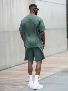 thenoahjr thenoahjr 2-Pieces Men's Geometric Print Round Neck Short Sleeve T-Shirt And Drawstring Waist Shorts Set, Casual Men Two Pieces Casual Short Sets Men 2 Pieces Outfits Men's Co Ord Set Short Men Summer Sweatsuit,Fall Clothes Fleece - Dark Green - View 2