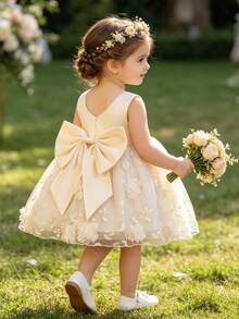 Glamorique Kids Baby Girl Champagne Satin Embroidered 3D Floral Sleeveless Dress, Birthday Flower Girl Party, Wedding, Tulle, Princess, Summer, Warm, Outfit Elegant - Apricot - View 5