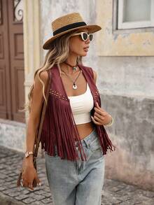 Brillora Fringe Trim Open Front Vest Summer Jacket In Fall/Winter - Burgundy - View 2