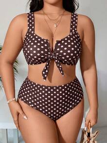 SHEIN Swim Curve 大码女式两件套纯色比基尼泳衣套装，休闲度假 - 彩色 - 查看 1