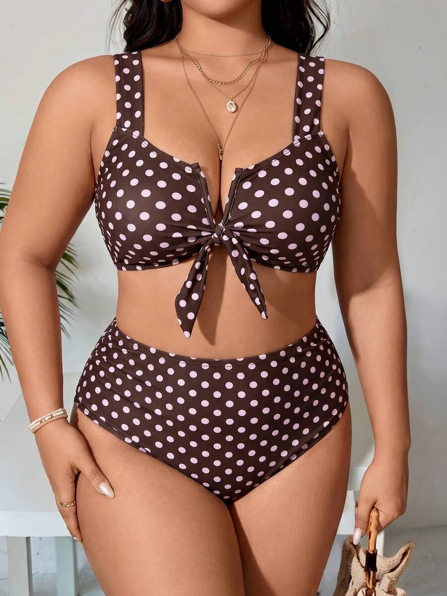 SHEIN Swim Curve 大码女式两件套纯色比基尼泳衣套装,休闲度假 - 彩色 - 查看 1