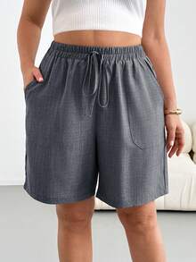 SHEIN Essnce Plus Size Solid Color Minimalist Casual Versatile Drawstring Waist Pocket Shorts Formal Dark Green Summer - Dark Grey - View 5
