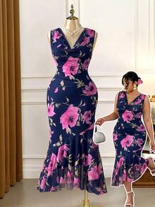 Rometta Plus Size Women's Elegant Knit Sleeveless Mesh Pink Floral Digital Print Double Layer Long Dress - Navy Blue - View 1