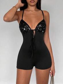 TRNVIE Jumpsuit Payet Pelangsing untuk Wanita untuk Musim Panas - Hitam - View 3