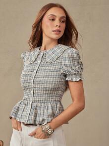 WESTFADE Ruffle Collared Button Front Short Puff Sleeve Plaid Smocked Top, Cute Tops, Western, Female Country Look, Cowgirl, Rodeo, Fall, Summer, School - Blue - View 5