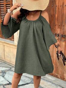Weeklong Plus Size Round Neck Ruched Pleated Split Flare 3/4 Sleeve Casual A-Line Dress - Cadet Blue - View 3