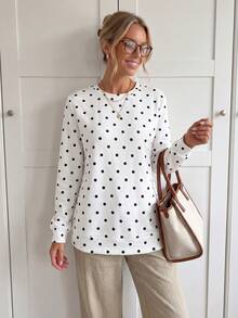 SHEIN LUNE 休閒極簡寬鬆版型圓領波點印花長袖女款運動衫，適合秋冬穿著 - 彩色 - 查看 5