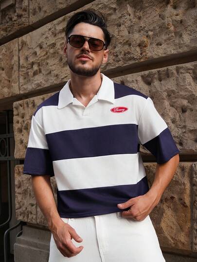 LEOGASHI LEOGASHI Camisa polo de manga corta para hombre, de talla estándar, con bloques de color azul y blanco con bordado, camisa polo de verano de estilo vintage para hombre