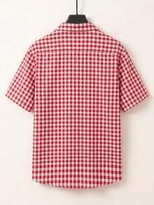 Chillumni Red Short Sleeve Plaid Shirt With Unique Embroidered Logo, Fresh Checked Casual Versatile Fashion Summer Casual Shirt - Red - View 5