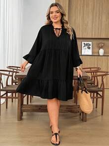 SHEIN CURVE+ 夏季度假休閒純色大尺碼洋裝 - 黑色 - 查看 8