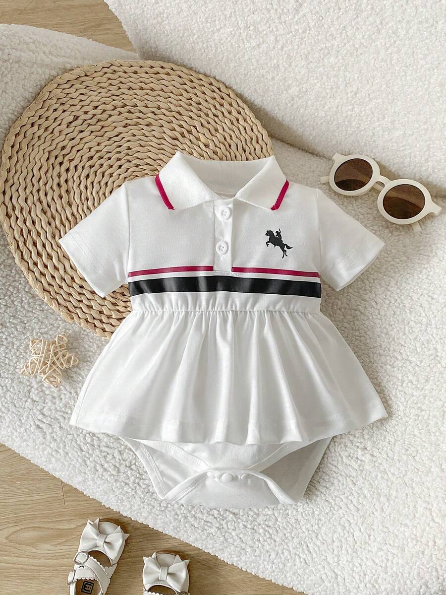 SHEIN Playful Pals 女嬰夏季日常外出度假短袖 Polo 領馬匹印花休閒運動風連身衣 - 白色 - 查看 1