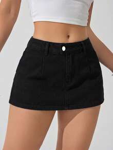 SHEIN ICON Women's Simple Casual Solid Color Slant Pocket Mini Denim Skirt, Summer Festival - Black - View 6