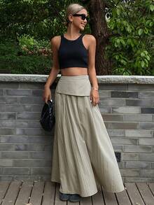 Livesso Petite Women's Fashion Commute Solid Color Long Skirt - Green - View 7