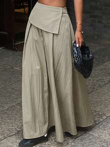 Livesso Petite Women's Fashion Commute Solid Color Long Skirt - Green - View 9