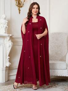 Reflora Plus Size Minimalist Solid Color Spaghetti Strap Dress And Long Shawl 2 Pieces Set - Burgundy - View 5