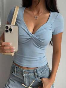 DAZY Women's V-Neck Twist Short Sleeve Slim Fit Cropped T-Shirt - Blue - View 13
