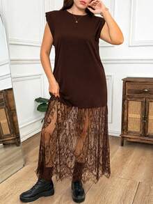 Easowa Curve Plus Size Women Solid Color Contrast Lace Hem Elegant Normal Sleeveless Dress Tea Party Formal Birthday Brown Summer - Brown - View 5