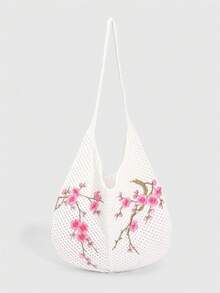 ROMWE Kawaii 1件時尚針織單肩包，白色鏤空梅花刺繡單肩包，適合日常穿搭 - 白粉色 - 查看 1