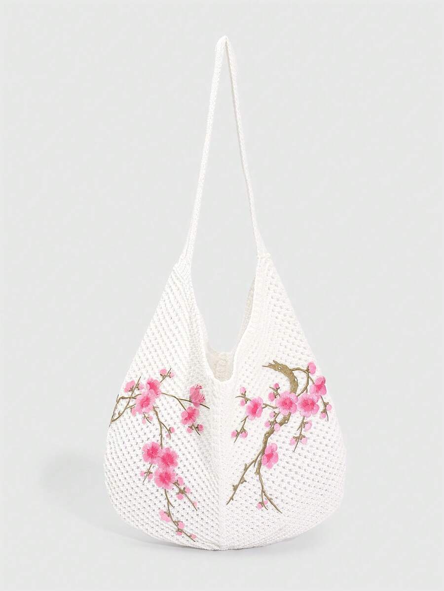 ROMWE Kawaii 1件時尚針織單肩包,白色鏤空梅花刺繡單肩包,適合日常穿搭 - 白粉色 - 查看 1