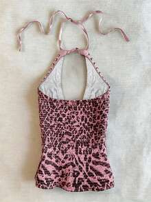 IslaSuriya Top de verano vintage con estampado de leopardo y cuello halter, top para mujer con decoración de strass y remaches metálicos - Rosa - Ver 2