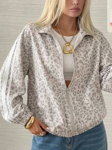 SHEIN EZwear 女款豹紋長袖前拉鍊休閒夾克 - 灰色 - 查看 2